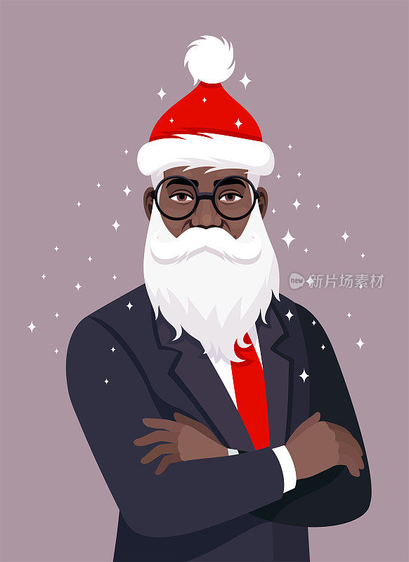 一个非裔美国商人戴着圣诞老人的帽子。