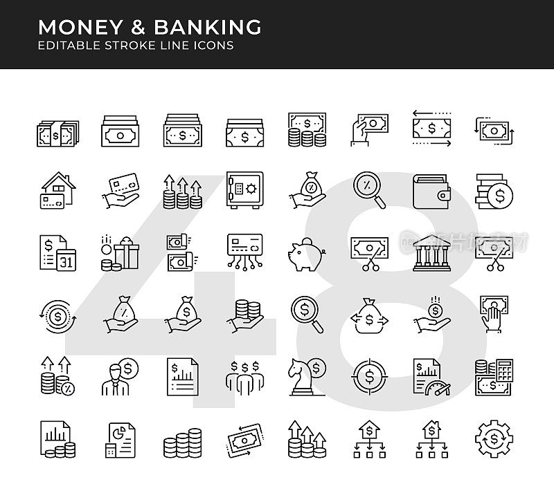 货币和银行可编辑的线条图标