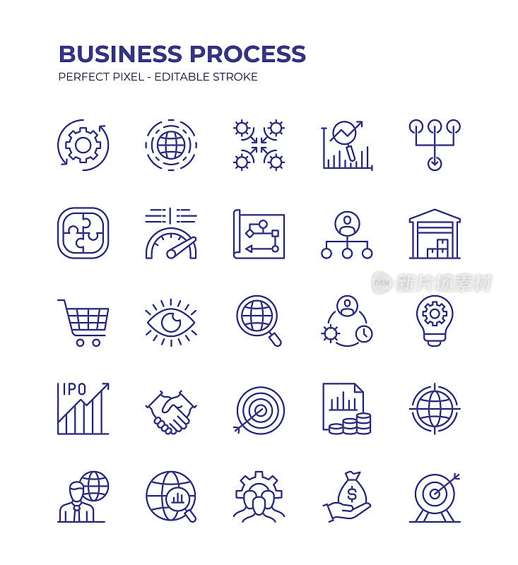 业务流程可编辑行图标集包含业务计划、策略、收入模型、业务模型等图标