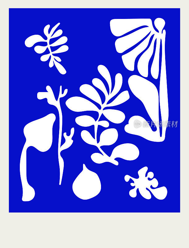 抽象蓝色艺术手绘风格的植物叶片图案背景