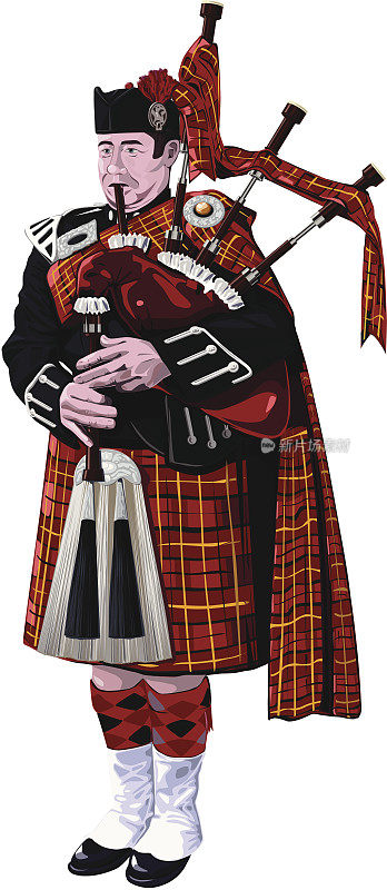 苏格兰风笛手穿着红色格子裙吹奏风笛