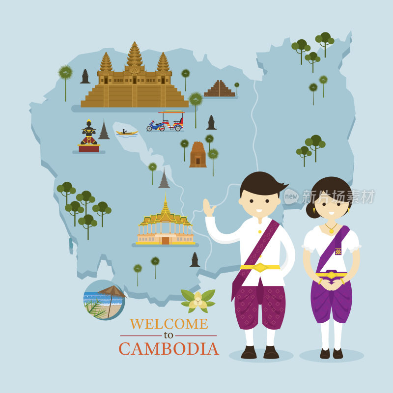 柬埔寨地图和地标人物在传统服装
