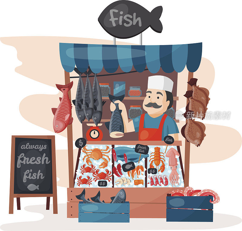 复古鱼街商店商店市场与新鲜海鲜在冰箱传统亚洲餐和商人商人肉销售商矢量插图