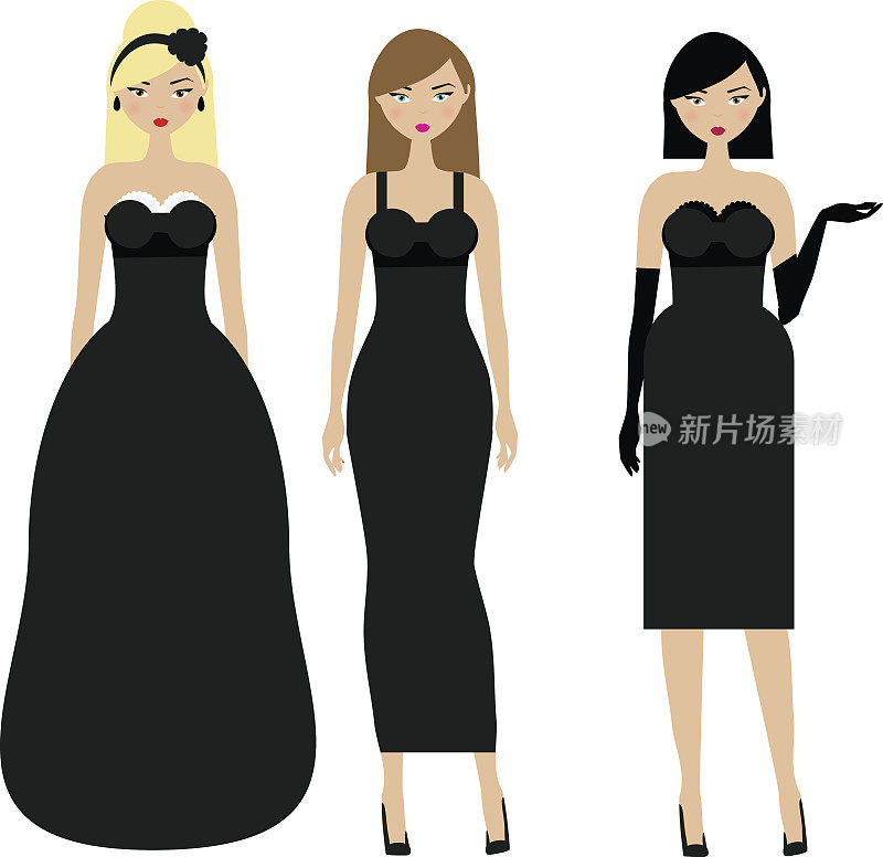 穿着黑衣服的女人。女性晚装，晚装着装规范。穿着优雅时尚服装的女士们