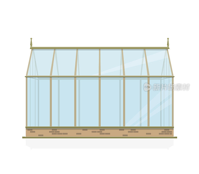 矢量温室玻璃，基础和山墙屋顶，侧视图。