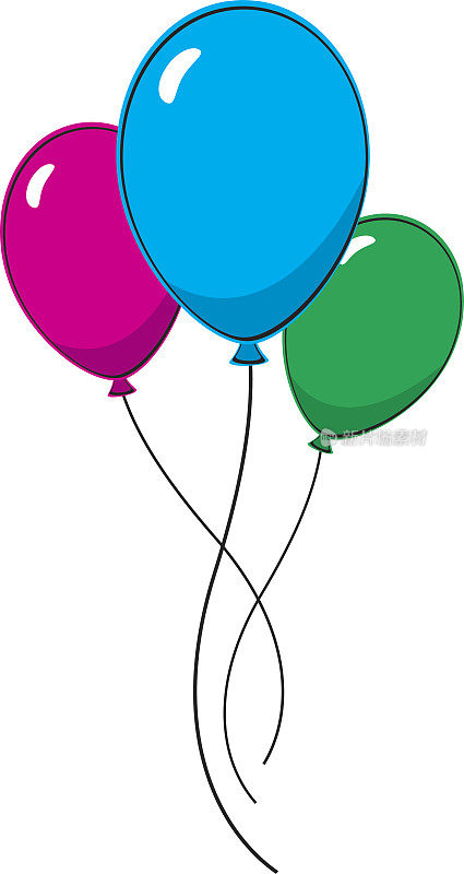 粉红色、蓝色和绿色的气球在白色的背景上