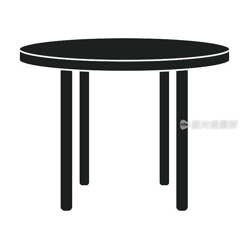 木制圆桌图标在黑色风格孤立在白色背景。家具和家居室内符号股票矢量插图。
