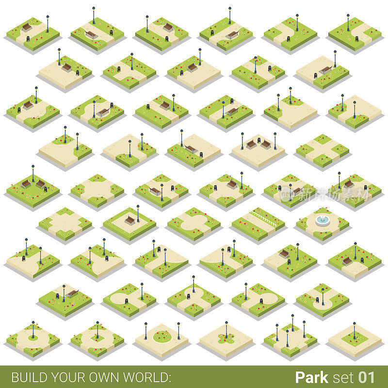 等距公园步道街道广场建筑块向量图标设置。平面三维等距绿草城市物体喷泉灯长椅草坪。打造你自己的世界创意设计收藏。