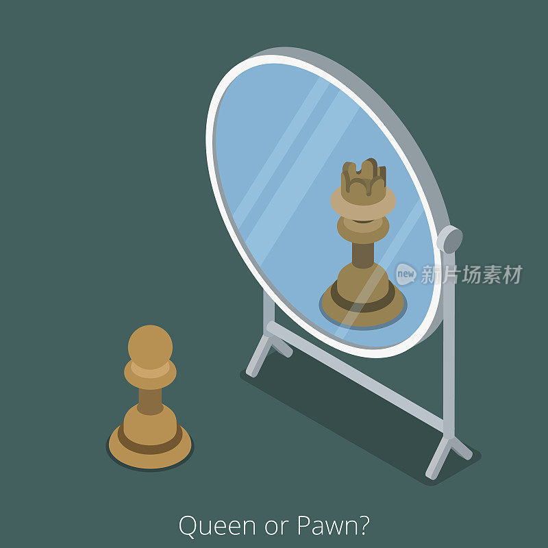 皇后或卒概念。棋子图照镜子见皇后。平面三维等距等距样式网站应用程序图标集概念矢量插图。有创造力的人集合。