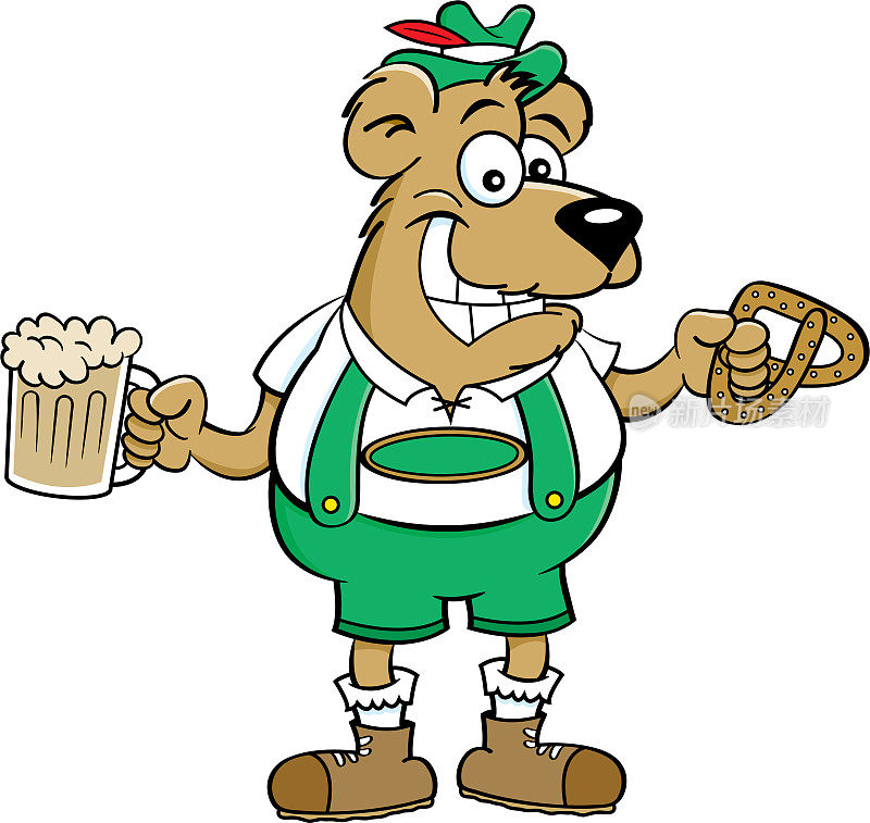 卡通熊拿着椒盐卷饼和啤酒杯。
