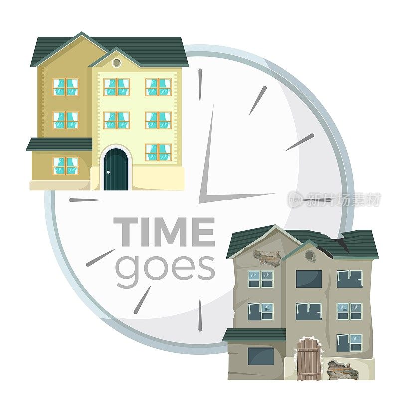 房屋拆迁过程中的象征性插图与时钟