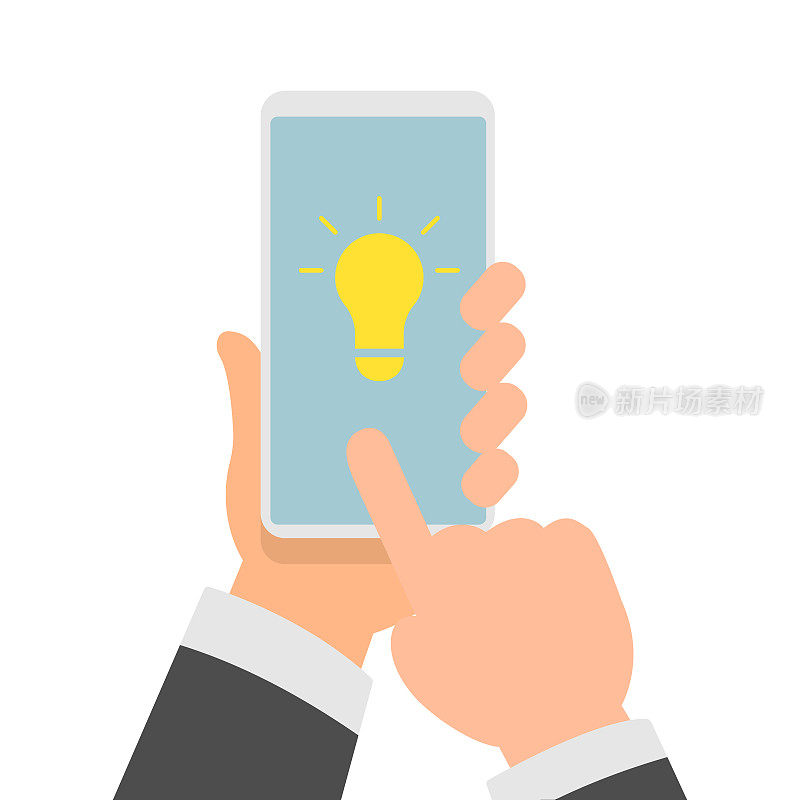 平面矢量插图的商人手拿着智能手机与一个想法灯泡在屏幕上