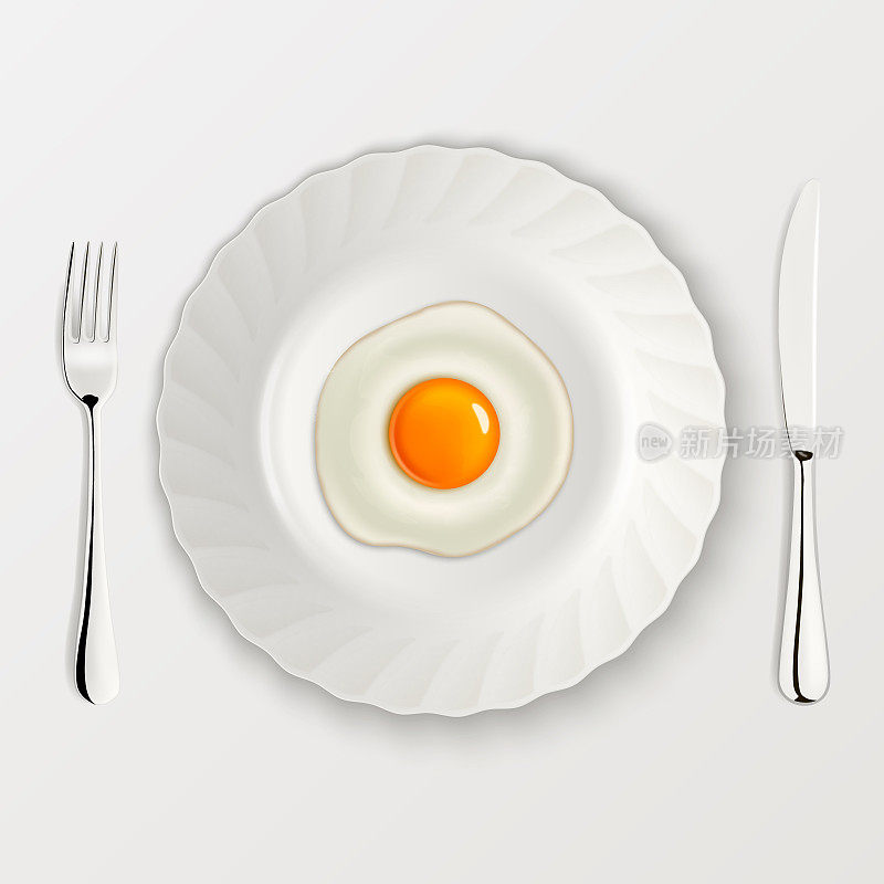 真实的矢量煎蛋图标在一个盘子与叉和刀。设计模板