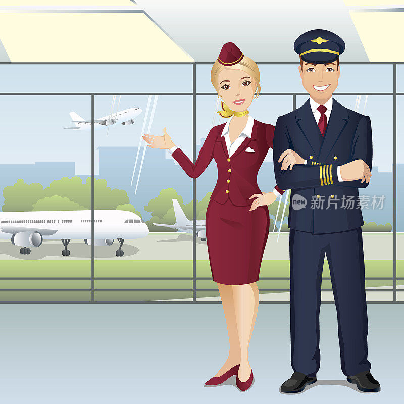 商业航空公司在机场的飞行员和乘务员。