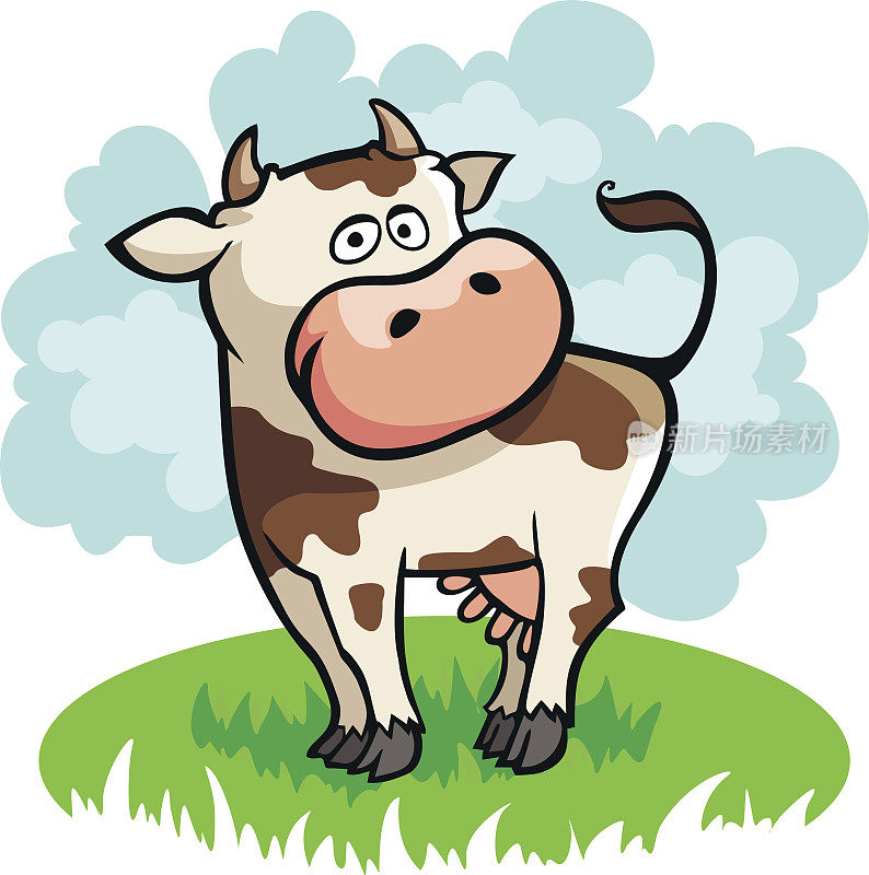 矢量插图的搞笑卡通牛在草地上吃草