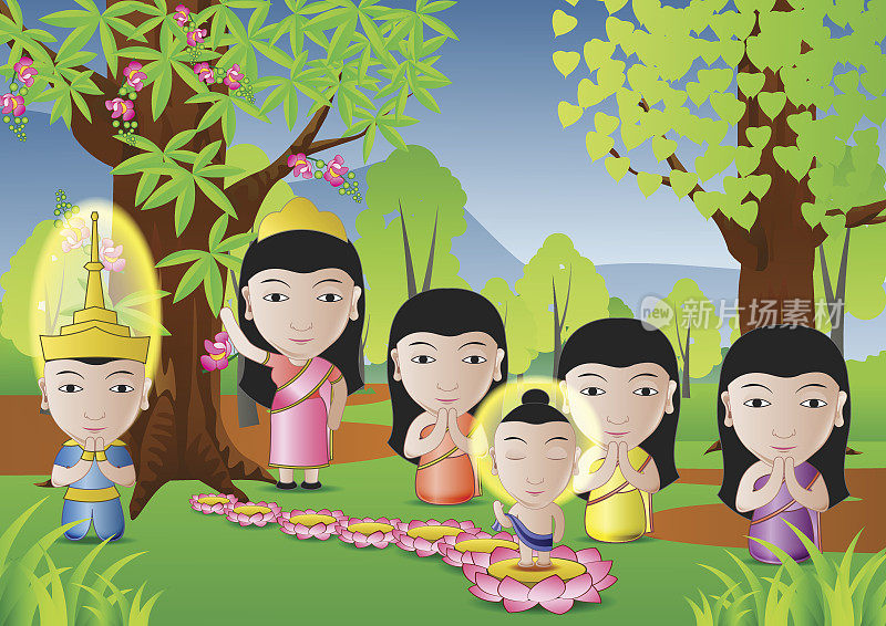 卡通版的“树下生佛”，常用于佛教的重要日子