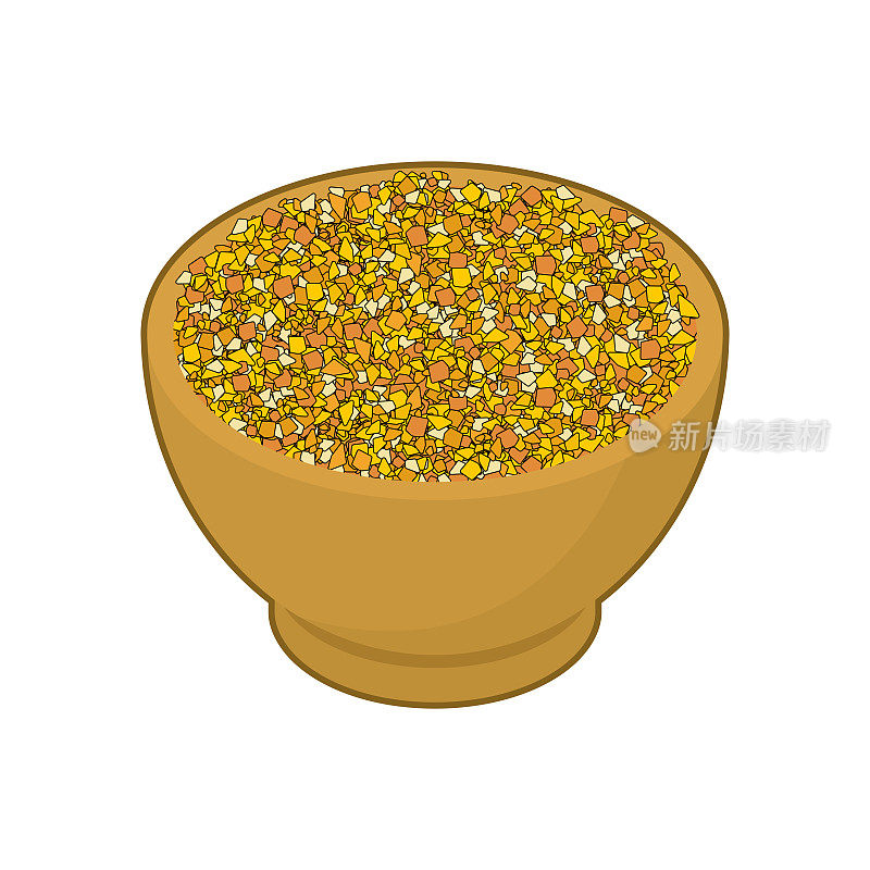 玉米粉在木碗中隔离。木碟中的格栅。白色背景上的纹理。矢量图