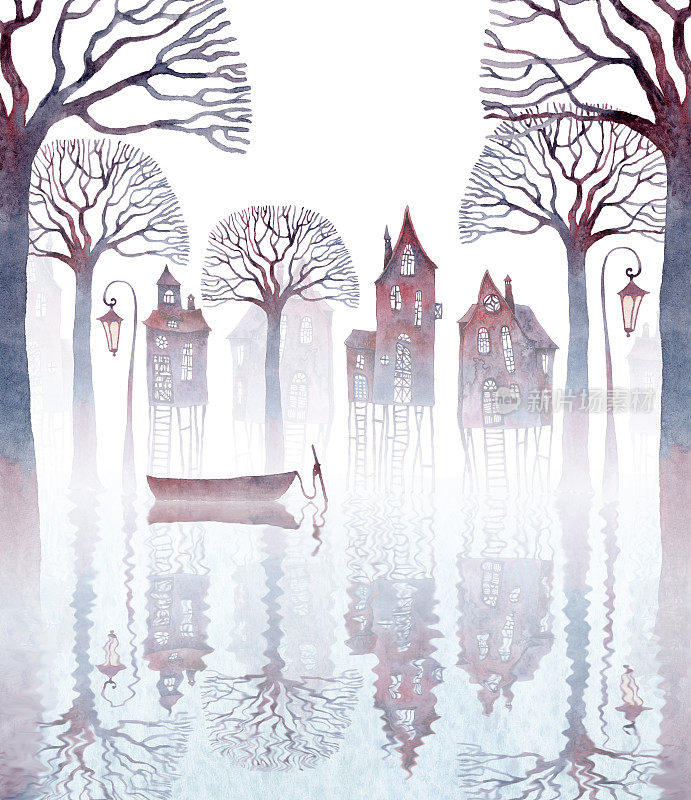 水彩画的一个城镇站在水中高跷。雾，弯曲的老房子，灯笼，光秃秃的树，还有一条空船在荡漾的水面上反射。