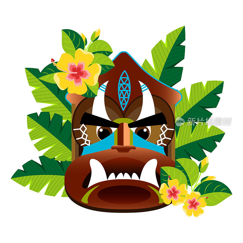 带尖牙的面具，夏威夷风格的木雕。用绣球花和棕榈叶装饰。用于装饰和设计带有夏威夷标志的海报、小册子、t恤。向量。孤立在白色背景上。