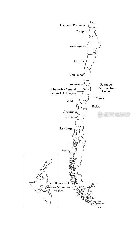 智利简化行政地图矢量孤立插图。地区的边界和名称。黑色的轮廓线