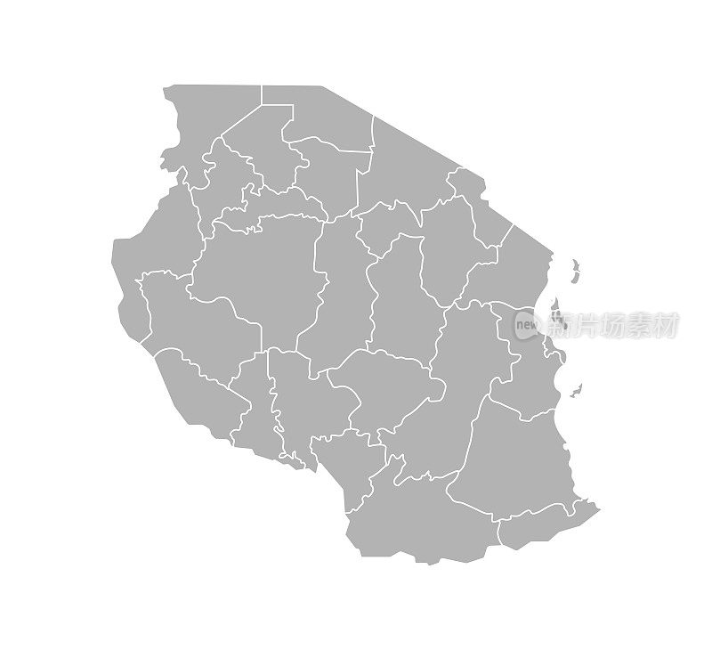 坦桑尼亚简化行政地图病媒孤立插图。地区边界。灰色的剪影。白色的轮廓