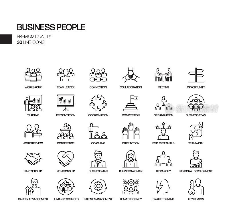 与业务人员相关的矢量线图标的简单集合。大纲符号集合