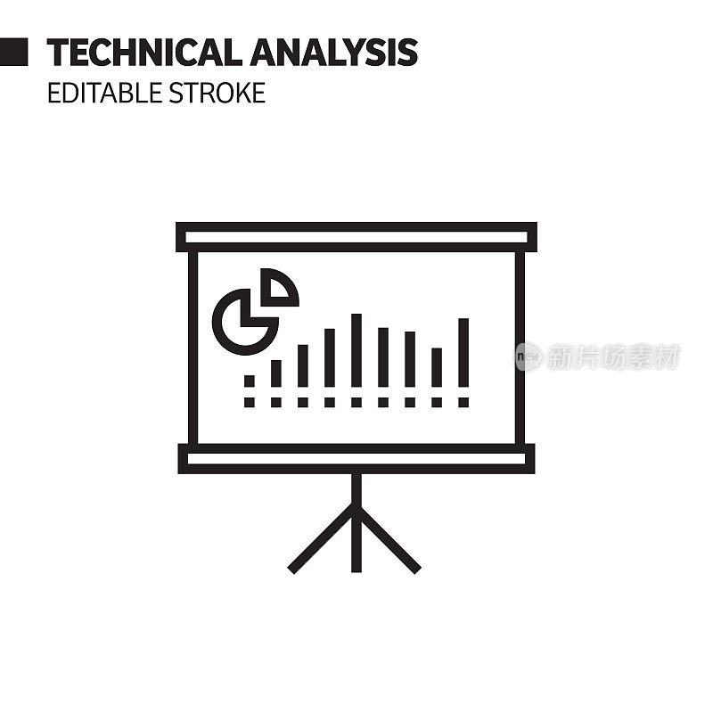 技术分析线图标，轮廓矢量符号插图。完美像素，可编辑的描边。
