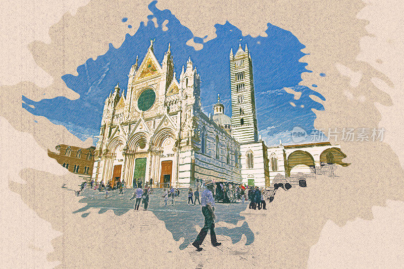 意大利锡耶纳世界遗产的圣玛丽亚·艾苏塔大教堂的彩色铅笔画。
