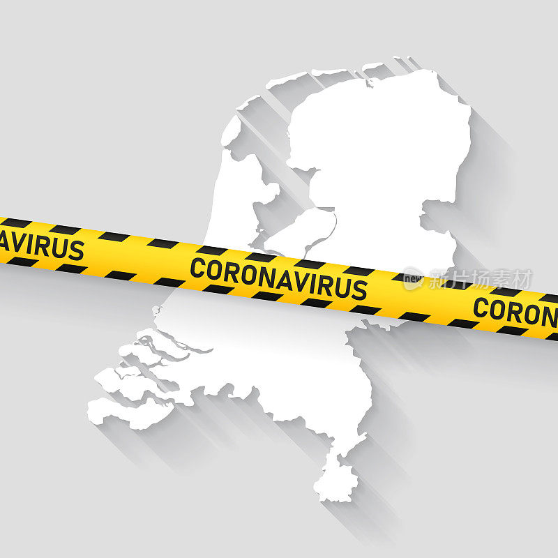 荷兰地图与冠状病毒警告胶带。Covid-19爆发