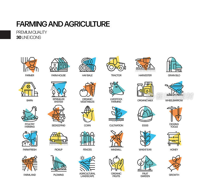 简单的农业和农业相关的聚光灯矢量线图标。大纲符号集合