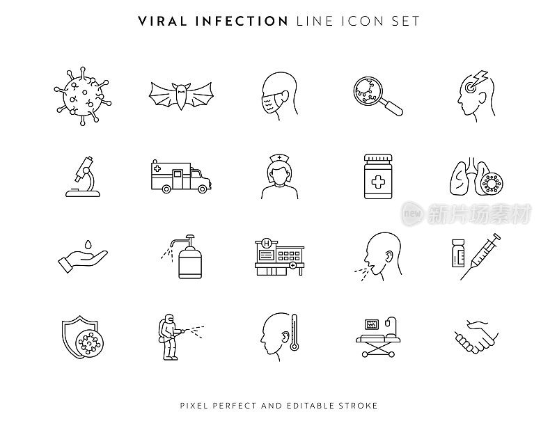 病毒感染图标设置可编辑描边和完美像素。