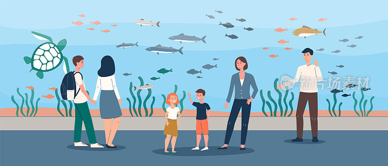 家庭游到大水族馆-卡通夫妇和孩子
