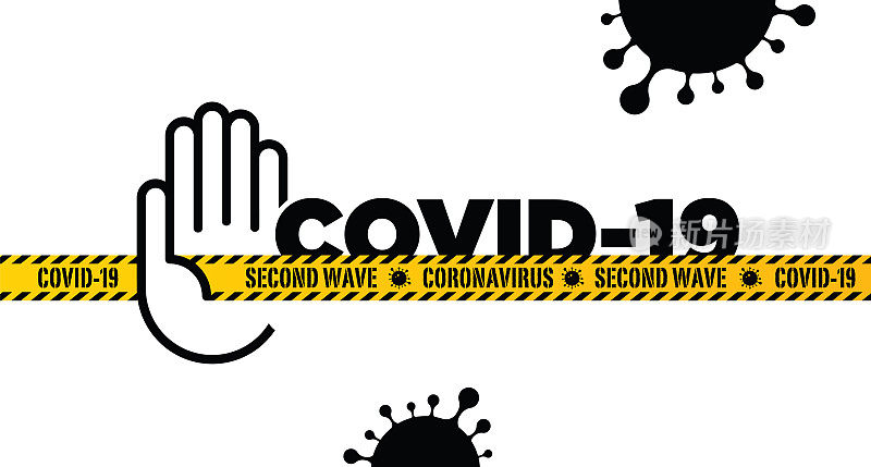 第二波新冠肺炎疫情。COVID-19流感大爆发的危险，流感毒株病例作为大流行概念横幅平面风格插图素材插图