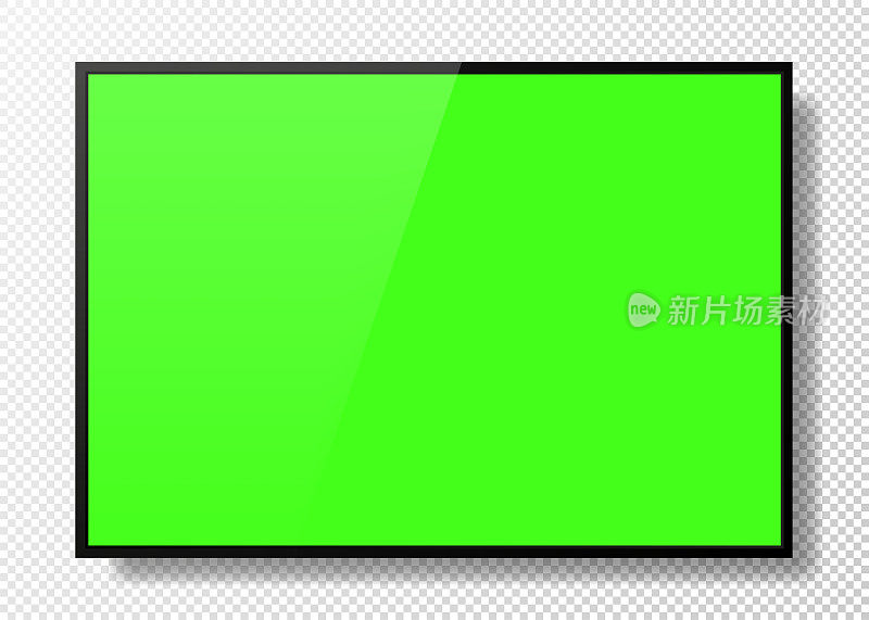 逼真的电视绿色屏幕上透明的背景。现代时尚的面板。大电视显示器显示模型。黑色空白电视模板。向量