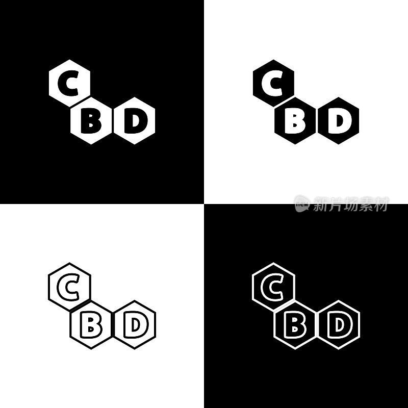 设置大麻分子图标孤立的黑色和白色背景。大麻二酚分子结构，四氢大麻酚和CBD的配方。大麻的迹象。矢量图