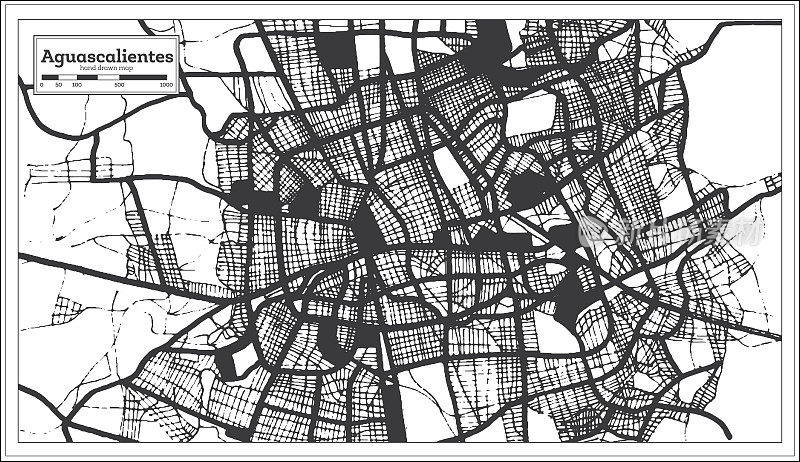 阿瓜斯卡连特斯墨西哥城地图黑白复古风格。略图。