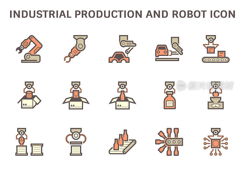 工业生产图标如机器人、生产线、包装盒等矢量图标集设计。