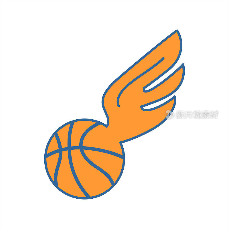 带翅膀的篮球。白色背景上的橙色篮球徽章。飞球。游戏和团队的标志。平的图标。
