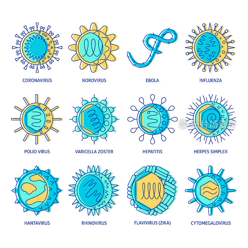 人类病毒类型图标以彩色线条样式设置