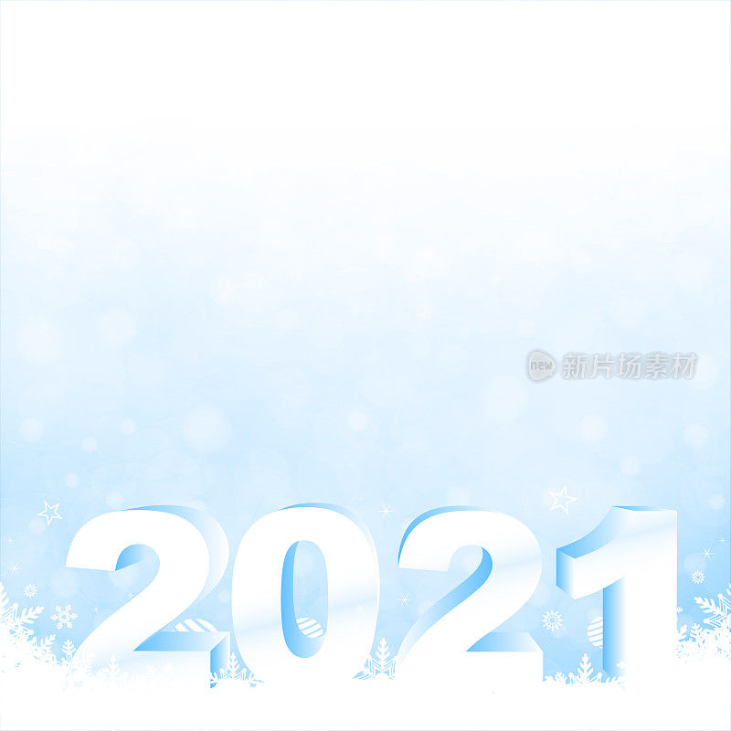 天空蓝色和白色的快乐新年和圣诞节矢量背景与文本数字2021，雪花和小装饰品在底部
