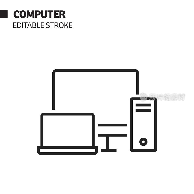 计算机线图标，轮廓向量符号插图。