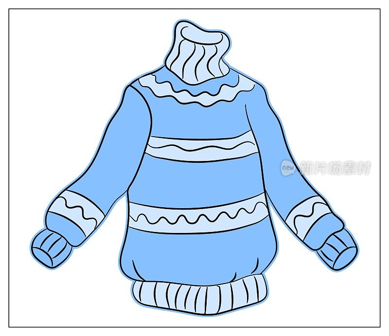 矢量插图蓝色毛衣与白色图案孤立在白色背景。温暖的冬天舒适的毛衣。