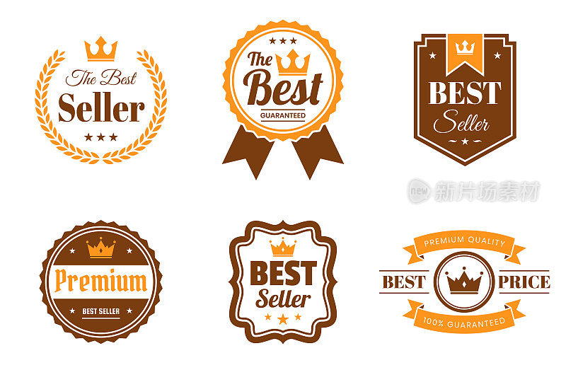 一套“最佳”橙色徽章和标签-设计元素
