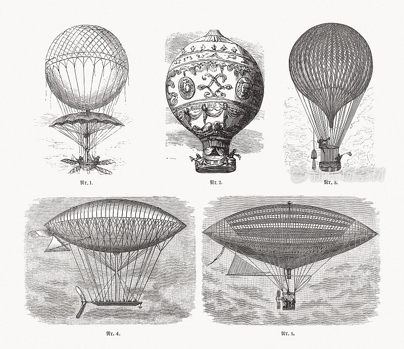 历史气球和飞艇，木刻，出版于1893年