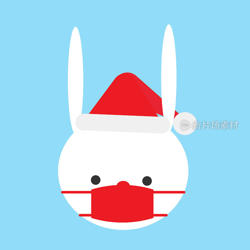 戴着圣诞帽和红色口罩的小白兔，在冰冷的蓝色背景下应对covid-19。可爱和安全的圣诞形象。