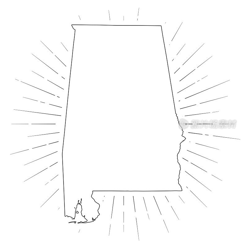 阿拉巴马州地图与阳光在白色的背景