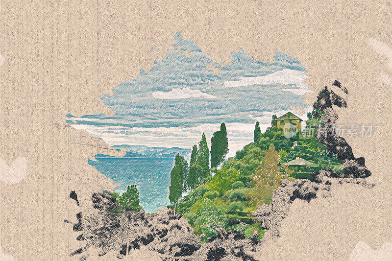用彩色铅笔画意大利著名地标波托菲诺海岸风景，在旧牛皮纸上。