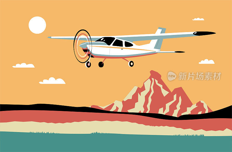 轻型单引擎飞机在抽象景观的背景下飞行。矢量插图。