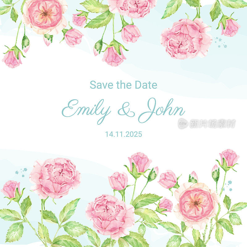 水彩美丽的英国玫瑰花束花园广场婚礼邀请模板背景