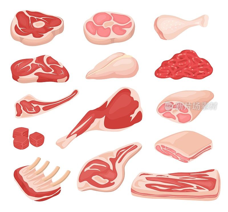 卡通鲜肉。生牛肉，羊腿，牛排，排骨，肉末，熏肉。品种烹饪农产品配料向量集